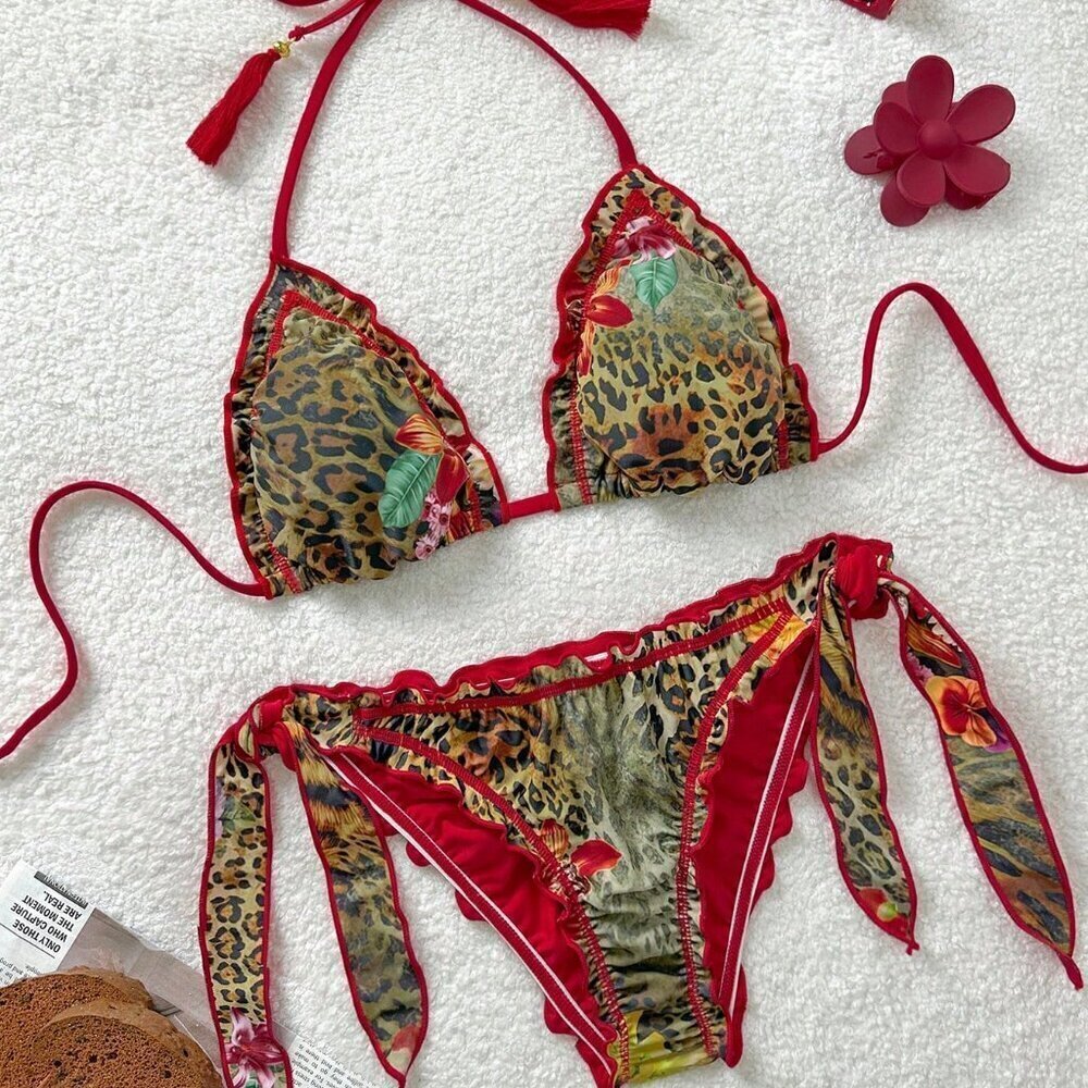 Multicolor Boho Women's Floral Zebra Leopard Print Ruffle Bikini